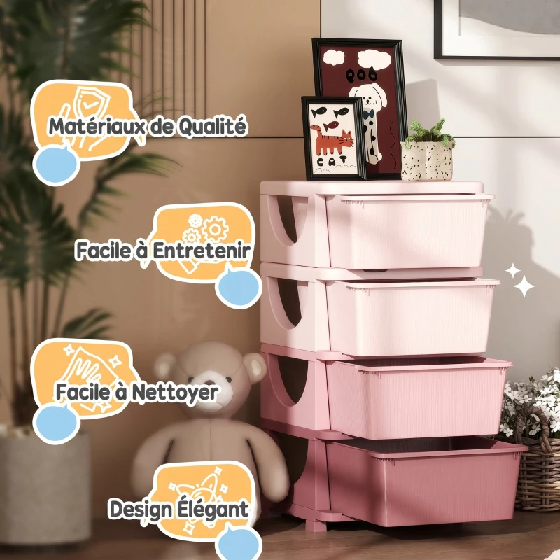 HOMCOM Organisateur de jouets pour enfants avec 4 tiroirs à 4 niveaux, boîtes de rangement en plastique, 37 x 37 x 76 cm, rose