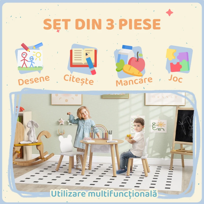 Set AIYAPLAY cu Măsuță și 2 Scaune pentru Copii cu Spătar în Formă de Ursuleț, Masă cu Spațiu de Depozitare, Alb și Lemn
