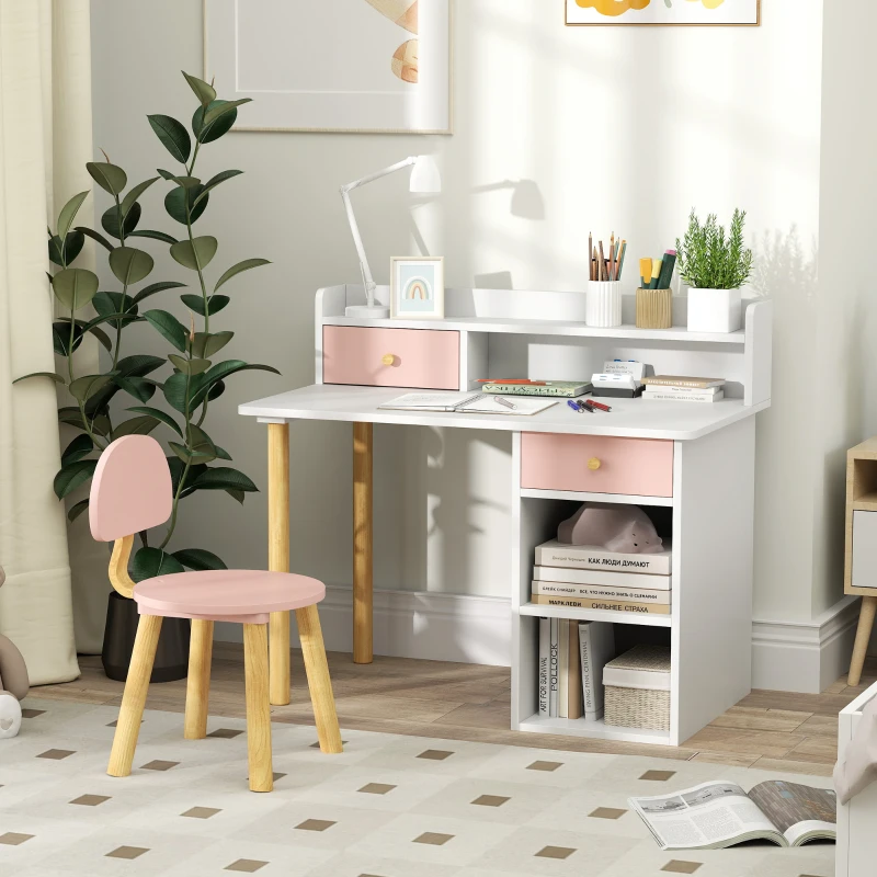 AIYAPLAY Juego de Escritorio Infantil con Silla Pupitre Infantil con Cajones Compartimento y Estantes Rosa y Blanco