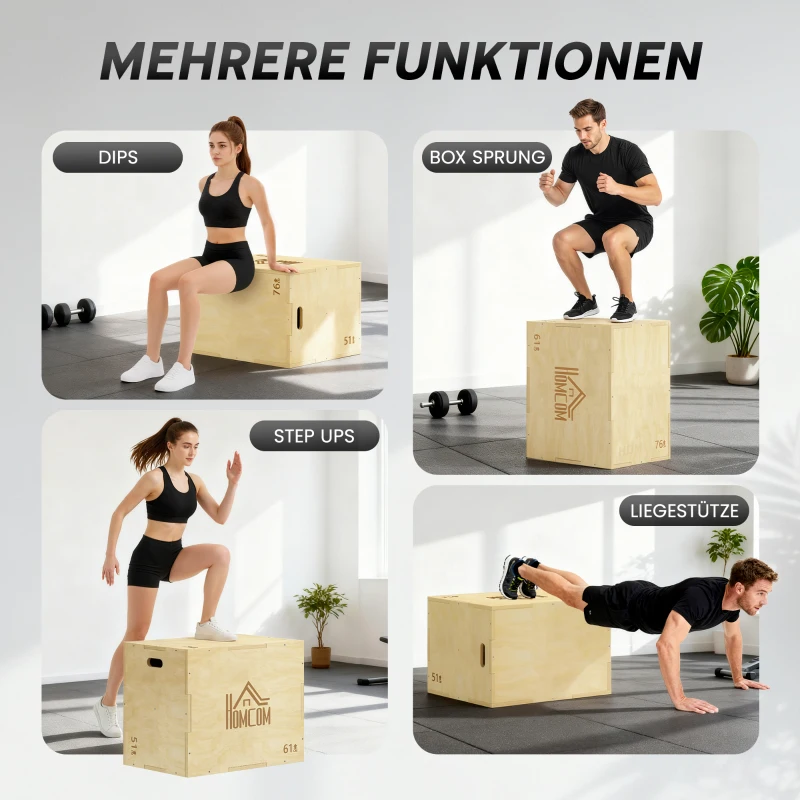HOMCOM 3-in-1 Plyo Box Holz Plyometrische Sprungbox mit 3 Sprunghöhen Griffen 61 x 51 x 76 cm Naturholz