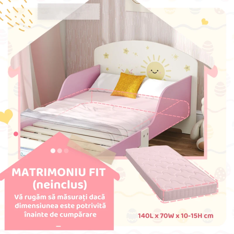 AIYAPLAY Pat pentru copii 3-8 ani, jos, din lemn, cu spațiu de depozitare și laterale de protecție, 150x77x60 cm, roz