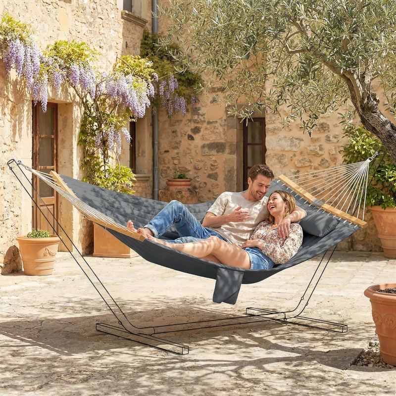 Outsunny Hamac suspendu 325 cm avec oreiller extra-long, tissu matelassé, poche pour magazines, intérieur et extérieur, gris