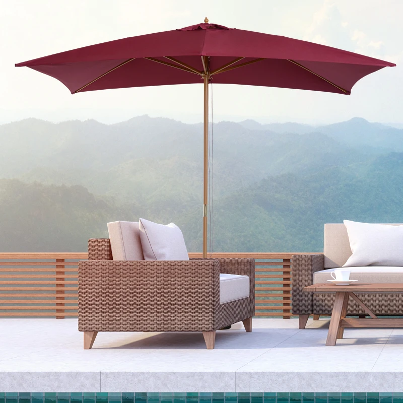 Outsunny Parasol Droit parasol de jardin rectangulaire Bois Polyester Haute densité 3 x 2 m Rouge Bordeaux
