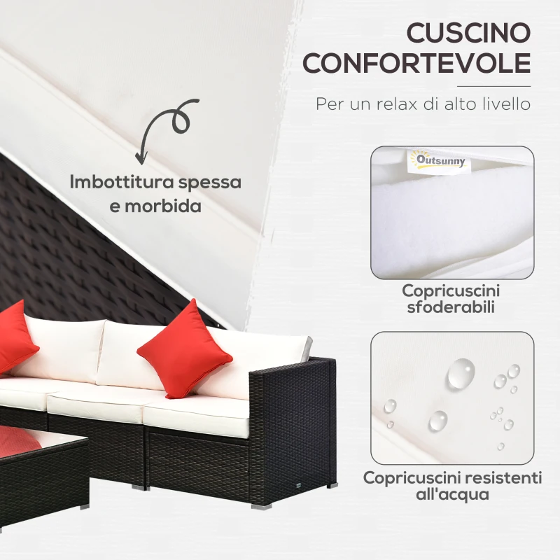 Outsunny Set Mobili da Giardino in Rattan PE 4 Poltrone 1 Pouf 1 Tavolino in Vetro Temperato 2 Cuscini
