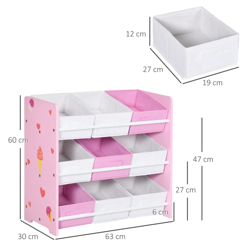 ZONEKIZ Mobiletto Portagiochi con 9 Cestini Rimovibili in Legno e Tessuto, 63x30x60 cm, Rosa e Bianco