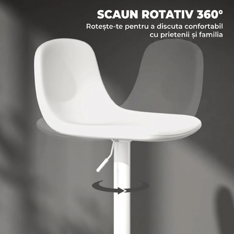HOMCOM Set 2 Scaune de Bar cu Spătar și Suport pentru Picioare, Înălțime Reglabilă, Piele Ecologică PU, Alb