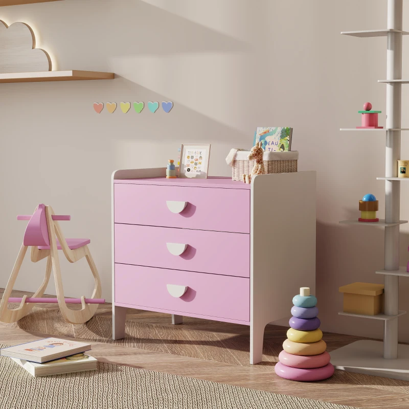 AIYAPLAY Kinder-Kommode mit 3 Schubladen, MDF, Aufbewahrungsschrank für Kinder, Rosa+Weiß