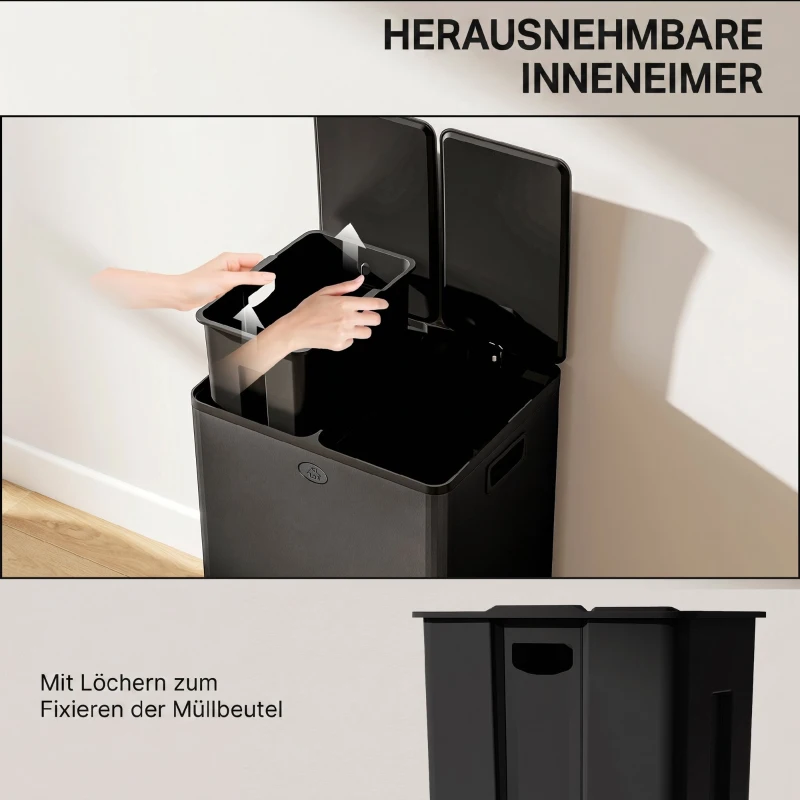 HOMCOM 2 x 28 L Doppelmülleimer, Pedalöffnung, leicht zu reinigen, Edelstahl, Kunststoff, Schwarz