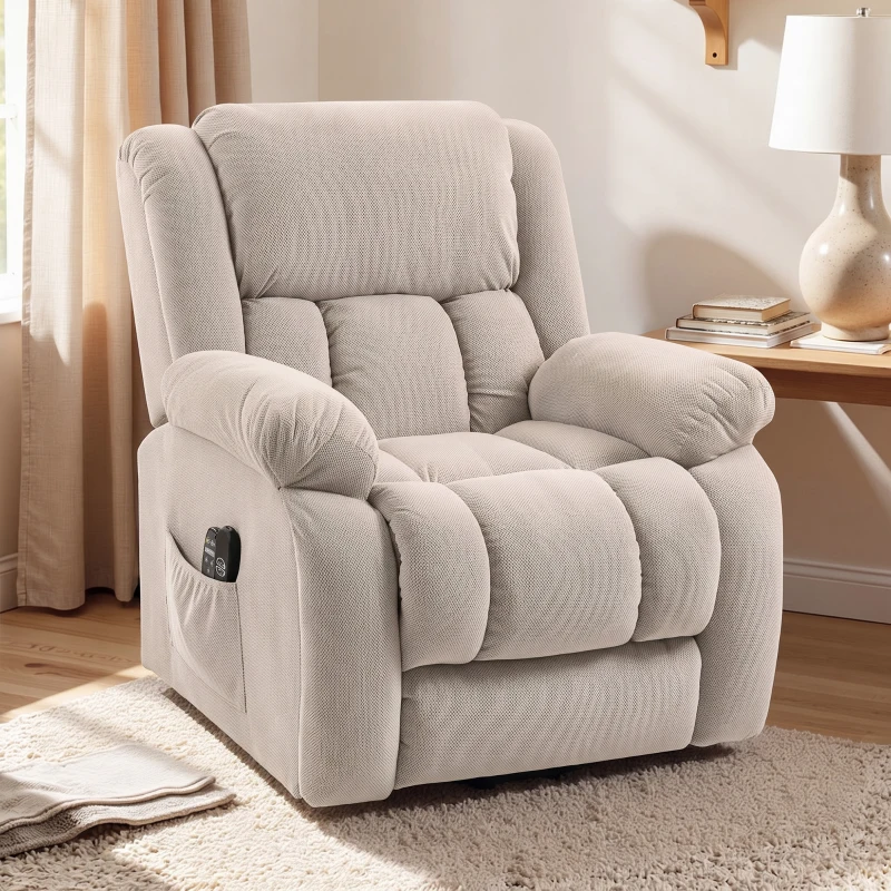 HOMCOM Poltrona Reclinável Elétrica Elevatória com Massagem Vibratória, Calor, Assento Largo, USB e Bolsos, Bege