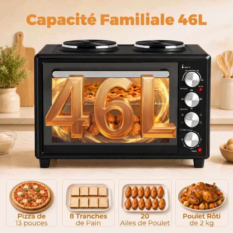 HOMCOM Mini-Four avec 2 Plaques de Cuisson et Broche Rotative 46L 2850 W, Four à Convection Multifonction, Minuterie, Noir