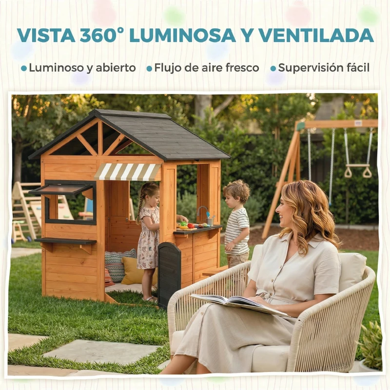 AIYAPLAY Casita Infantil Exterior e Interior de Madera con Cocina de Juguete y Banco de Picnic Ventanas de Servicio Marrón