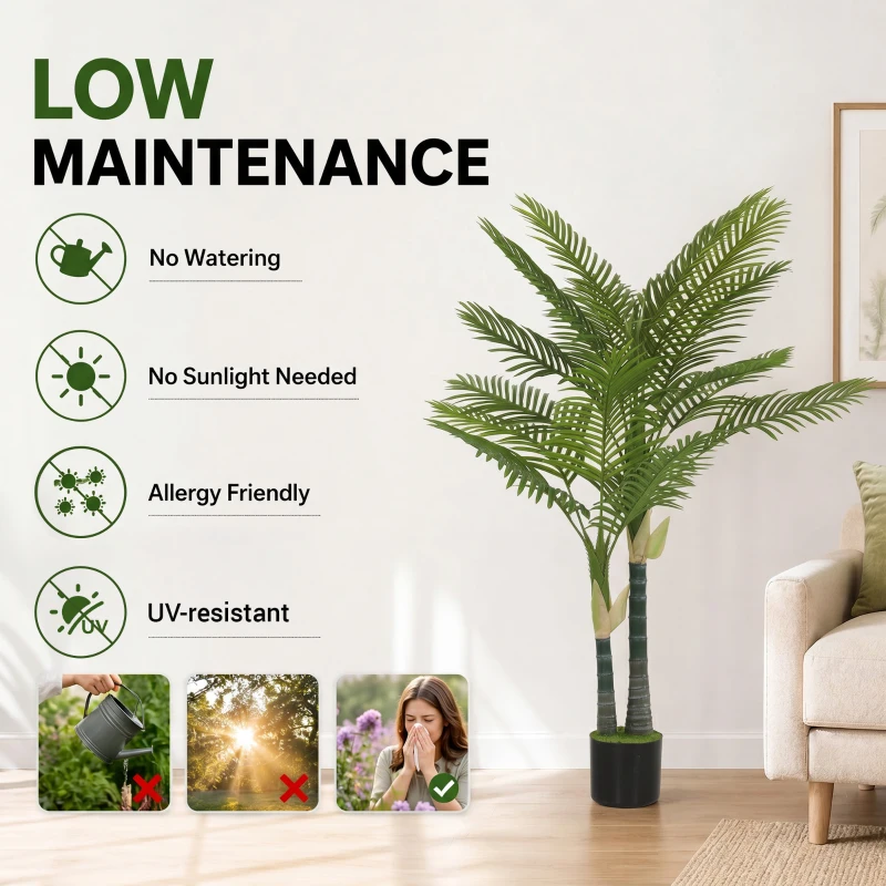 HOMCOM Artificial Palm Tree with 16 PEVA Leaves, 150cm Decorative Artificial Plant with Pot and Moss Effect, Green