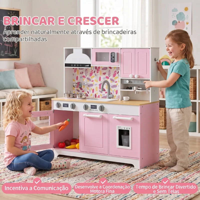 AIYAPLAY Cozinha de Madeira com Acessórios em Aço Inoxidável, Máquina de Café, Máquina de Gelo, Lava-loiça e Fogão Rosa
