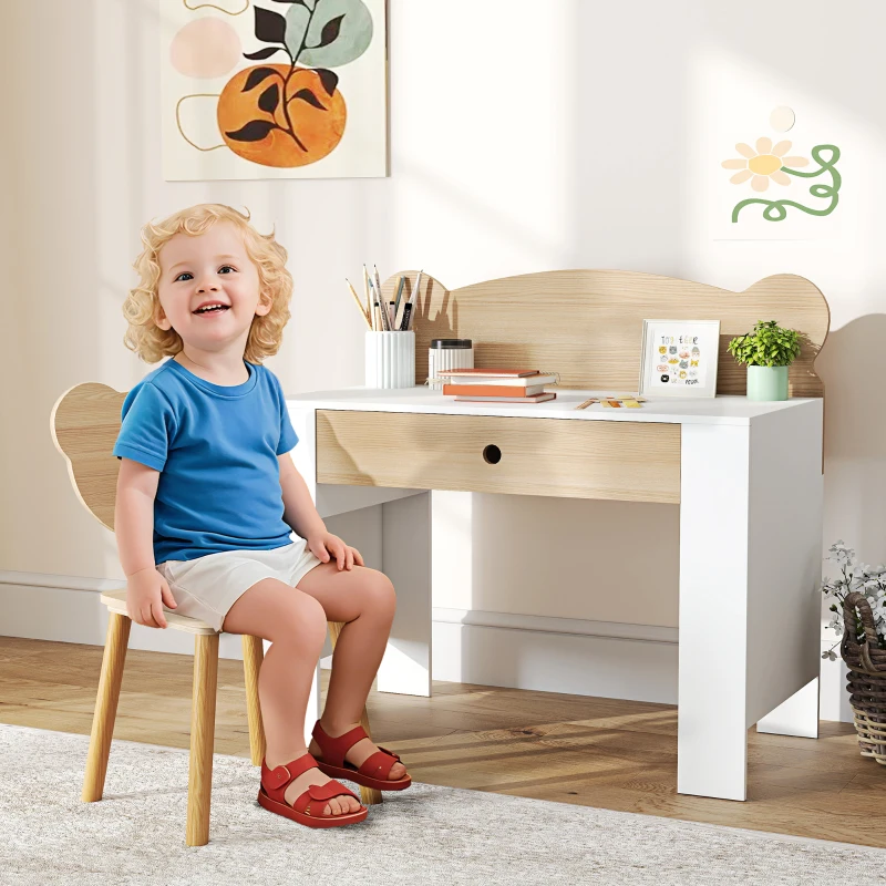 AIYAPLAY Bureau enfant avec chaise, table enfant et chaise avec tiroir et large plateau, 80 x 41 x 74,5 cm, bois naturel