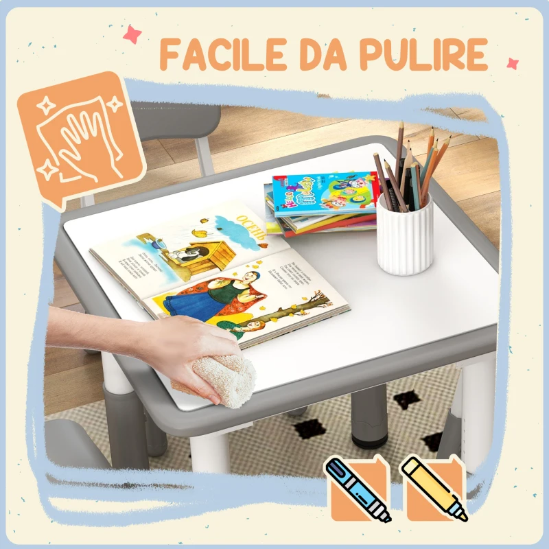 AIYAPLAY Set Tavolo e Sedie per Bambini 5pz con 4 Sedie Regolabili 32x36x52.5-56 cm e Tavolo 60x60x46-58 cm, Grigio