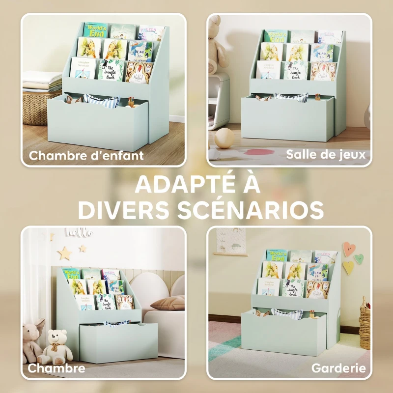 AIYAPLAY Bibliothèque pour enfants Multi-Rangement avec 3 niveaux d'étagères et un tiroir, 62,5L x 30l x 70H cm, vert