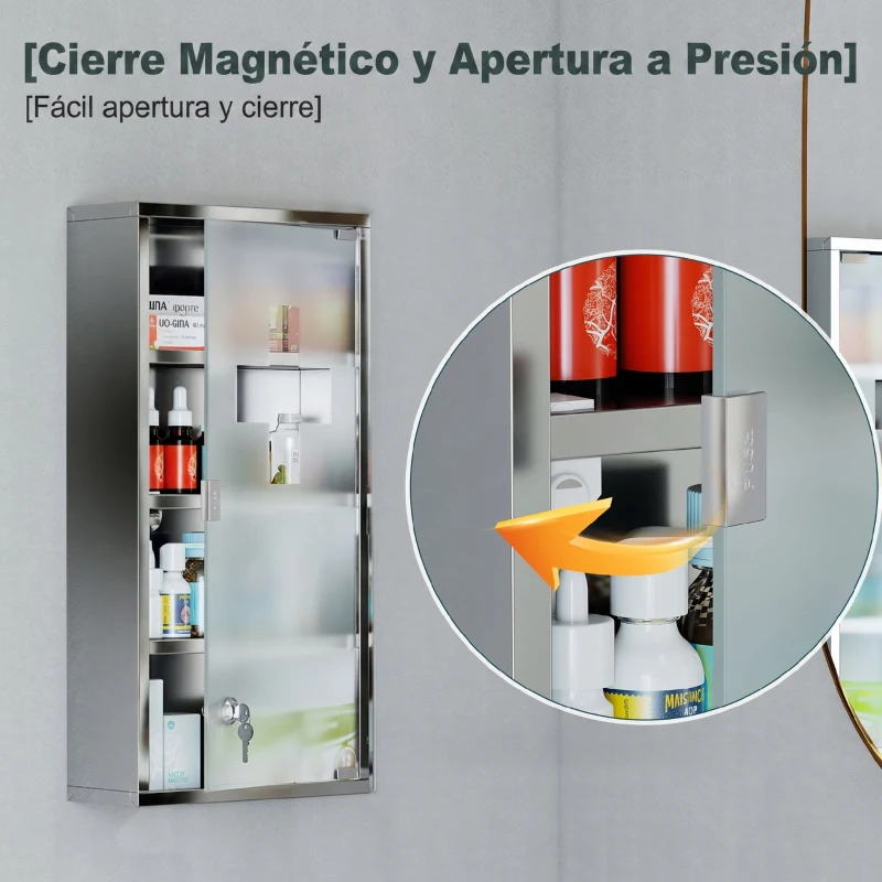 HOMCOM Armario de Medicinas Botiquín Gabinete de Primero Auxilios Acero Inox 4 Estantes Caja Colgante de Pared con Cerradura