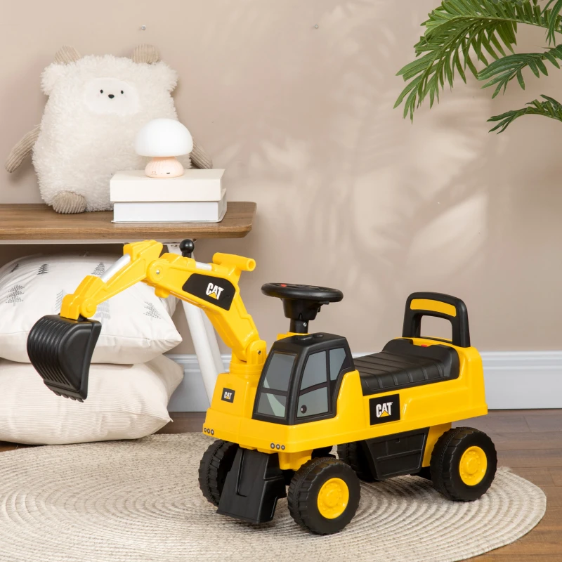 HOMCOM Tractopelle enfant sous licence CAT, porteur enfant, pelle manuelle, klaxon et rangement caché, 85x27,5x47,5cm, jaune