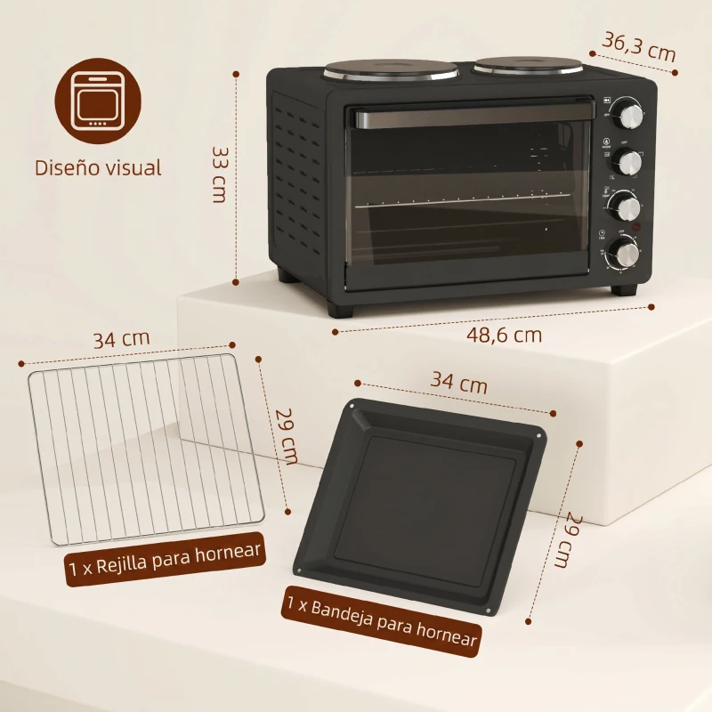 HOMCOM Horno Eléctrico de Sobremesa 28L 2600W con Placas Calentadoras Temperatura Ajustable Temporizador Bandeja Negro