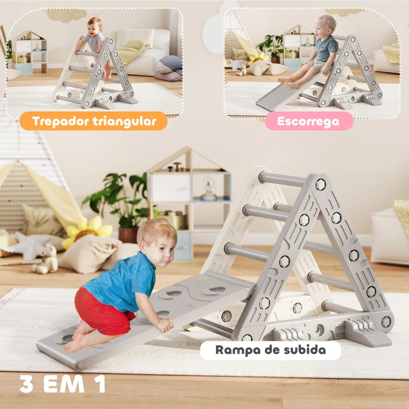 AIYAPLAY Triângulo de Escalada para Crianças de 18-48 Meses com Escorrega e Rampa 130x80x69 cm Cinza e Branco