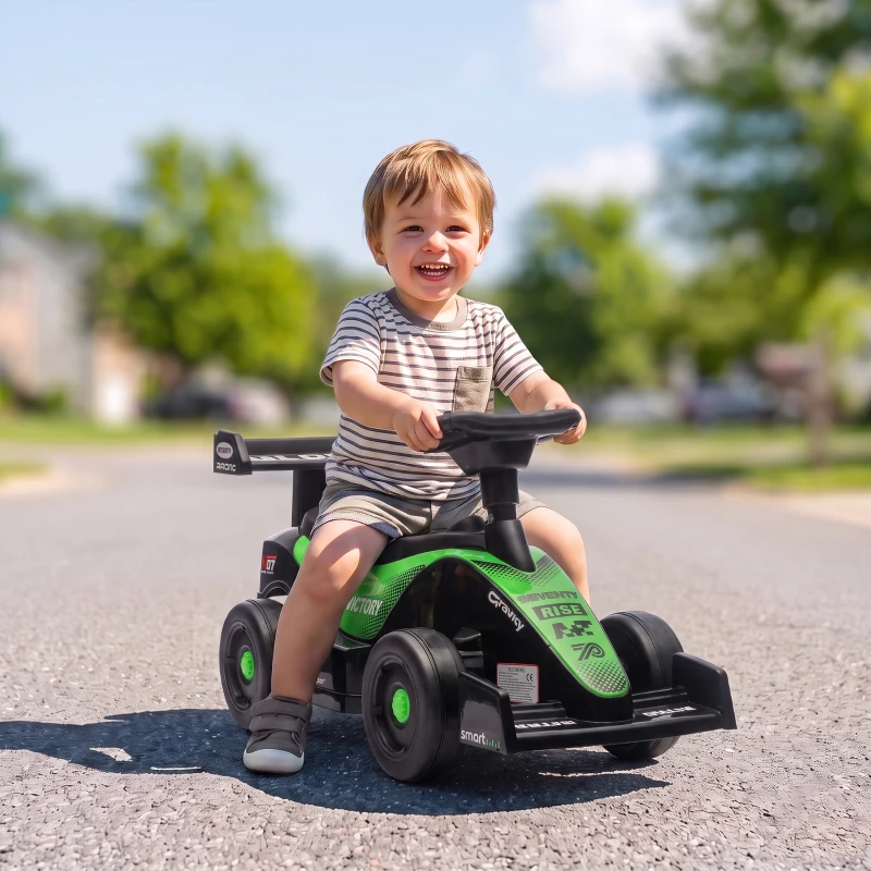 AIYAPLAY Porteur enfants voiture F1, véhicule à pousser avec volant musical, roues silencieuses et coffre, 18-36 mois, vert