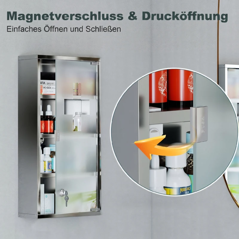HOMCOM Medizinschrank Arzneischrank aus Edelstahl, Abschließbar Medikamentenschrank mit 4 Fächern, Glastür Apothekerschrank zur Medikamenten-Aufbewahrung, 30 x 12 x 60 cm