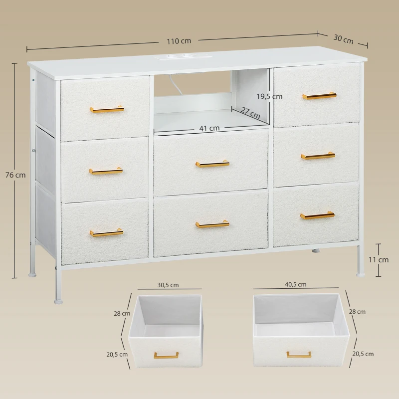 HOMCOM Commode 8 tiroirs en tissu bouclette, meuble de rangement avec 2 prises de courant, structure en acier 110x30x76cm crème