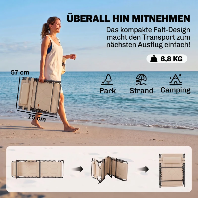 Outsunny Sonnenliege, Faltbare Gartenliege, Klappliege mit Kissen, 5-stufige Rückenlehne, Oxfordstoff, 188 x 57 x 30 cm, Beige