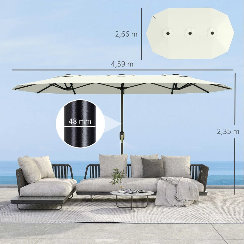 Outsunny Parasol de jardin extérieur, grand parasol double 4,6 m avec manivelle et protection UV50+, housse de protection, crème