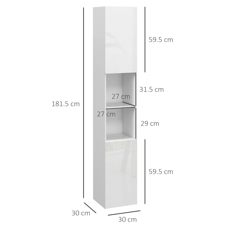 kleankin Dulap de Baie Înalt Slim 181,5 cm cu Rafturi Deschise și 2 Dulapuri, 30 x 30 x 181,5 cm, Alb