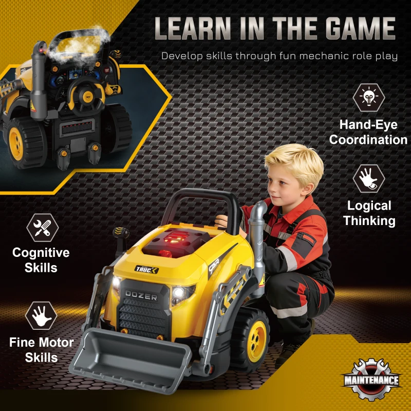 AIYAPLAY Kids Truck Engine Toy, Excavator Toy Steering Wheel with Spray, Lights and Sounds for 3-6 Years Boys Girls, Yellow