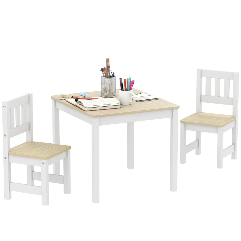 AIYAPLAY Table enfant avec chaise, lot table et 2 chaises enfant en bois pour dessiner, jouer, étudier, 56x52x48cm, bois naturel