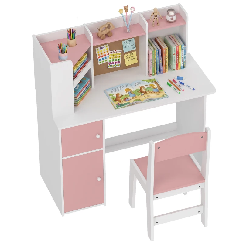 AIYAPLAY Secretária Infantil com Cadeira, Suporte Ajustável para Tablet, Porta-lápis, Quadro de Cortiça, Estantes e Armários, Rosa