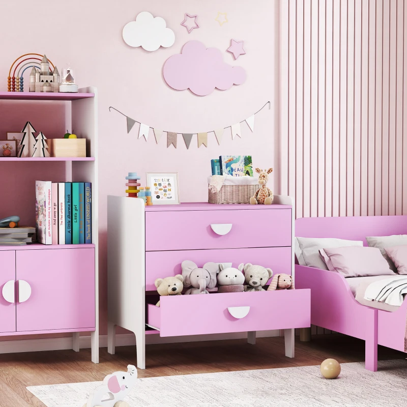 AIYAPLAY Commode pour enfants, commode rangement 3 tiroirs pour chambre d'enfant, crèche, salle de jeux, 60 x 40 x 60 cm, rose