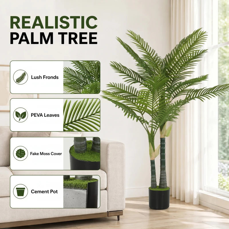 HOMCOM Artificial Palm Tree with 16 PEVA Leaves, 150cm Decorative Artificial Plant with Pot and Moss Effect, Green
