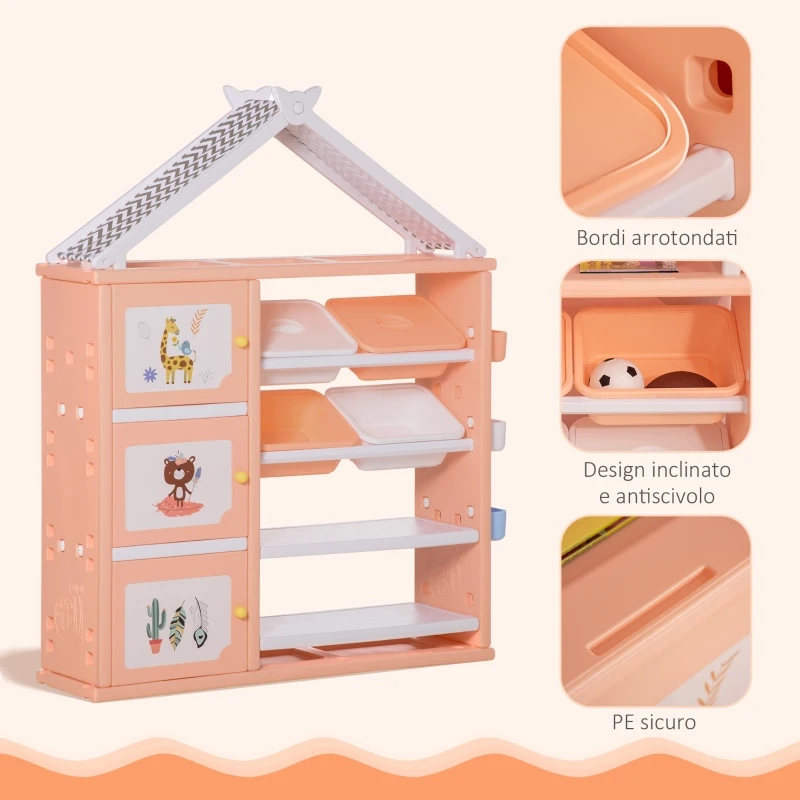 HOMCOM Armadio Cameretta, Mobile Portagiochi con 4 Contenitori, 3 Armadietti e Mensole in PE Arancione, 128x34x155cm