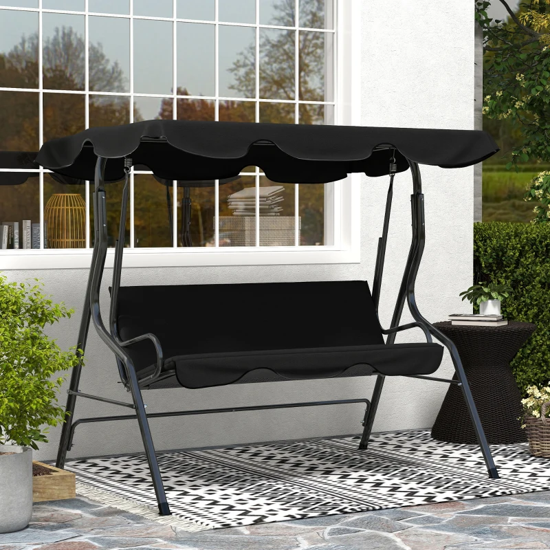 Outsunny Balancelle de Jardin 3 Places Toit imperméabilisé Inclinaison réglable Coussins Assise Dossier Noir