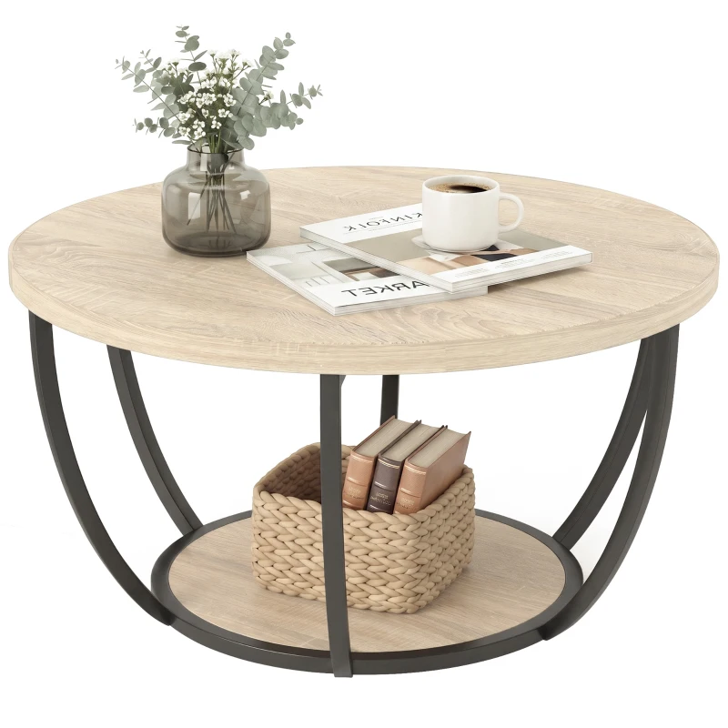 HOMCOM Mesa de Centro Mesa de Café Redonda para Salón con Estante de Almacenaje y Marco de Metal 80x80x43,8 cm Roble