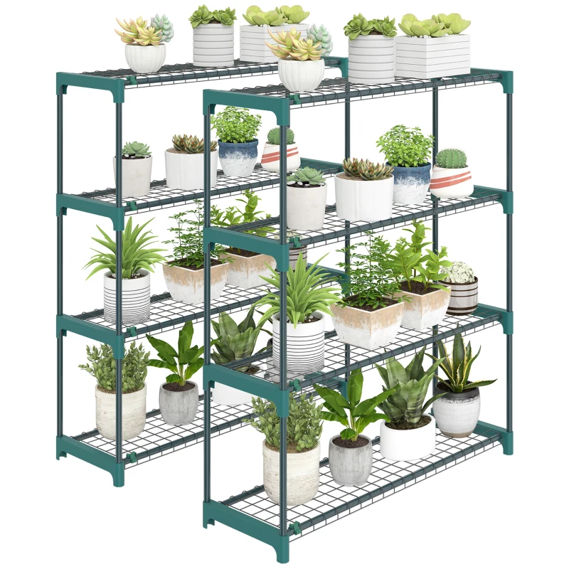 Outsunny Lot de 2 Étagères à Plantes 4 Niveaux Intérieur Extérieur, Supports pour Plantes en Métal, 90 x 28 x 104 cm, Vert