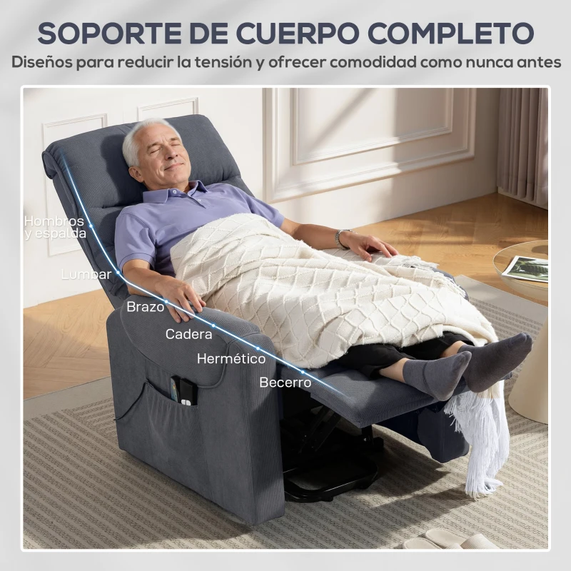 HOMCOM Sillón Levanta Personas con 8 Punto de Masaje Reposapiés Mando a Distancia y Bolsillo Lateral 83x92x110 cm Gris