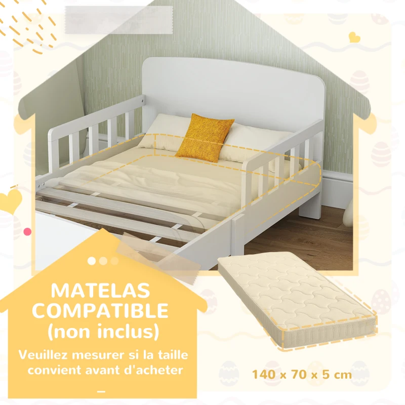 AIYAPLAY Lit enfant lit au sol enfant barrières de sécurité haut sommier à lattes et cadre robuste 143,5 x 74,2 x 54 cm blanc