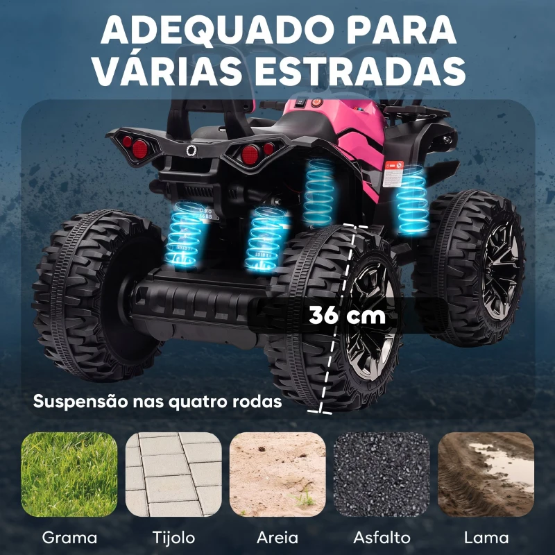 HOMCOM Quad Elétrico Infantil 12V com 2 Motores, 3-8 km/h, Música, Faróis LED e USB, Rosa
