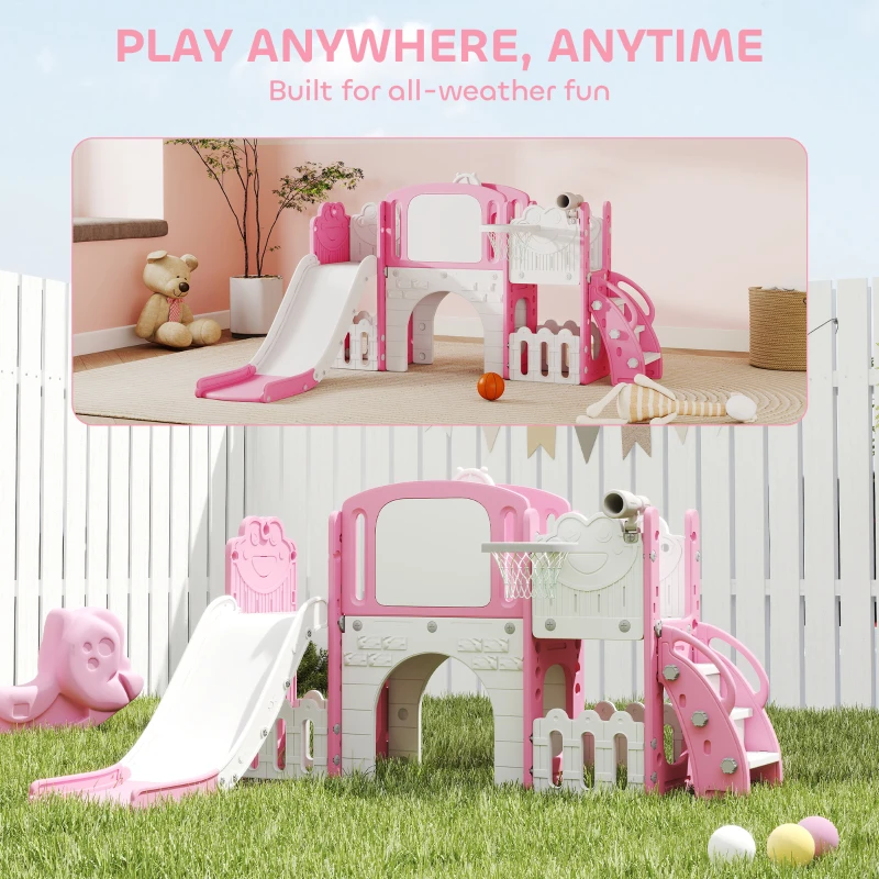 AIYAPLAY 7 in 1 Toddler Slide Set with Basketball Hoop, Climbing Frame, Telescope, Drawing Board, Storage Box, Pink