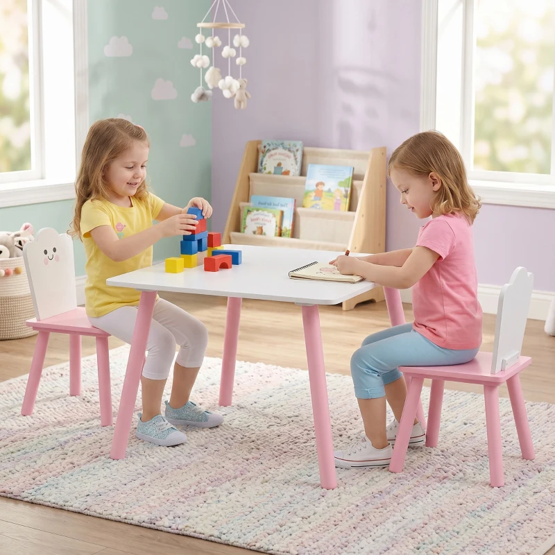 AIYAPLAY Table enfant avec chaise, ensemble table et 2 chaises en bois pour dessiner, jouer, étudier, rose