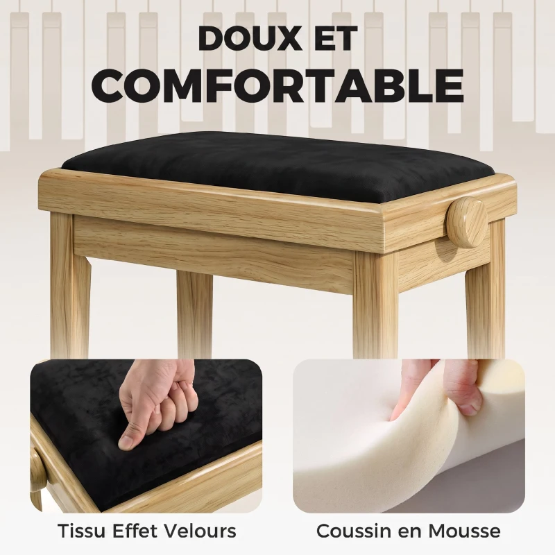 HOMCOM Banc de Piano, Tabouret Piano Réglable en Hauteur 45-56 cm, Banc de Clavier, Siège Rembourré en Velours, Bois Naturel
