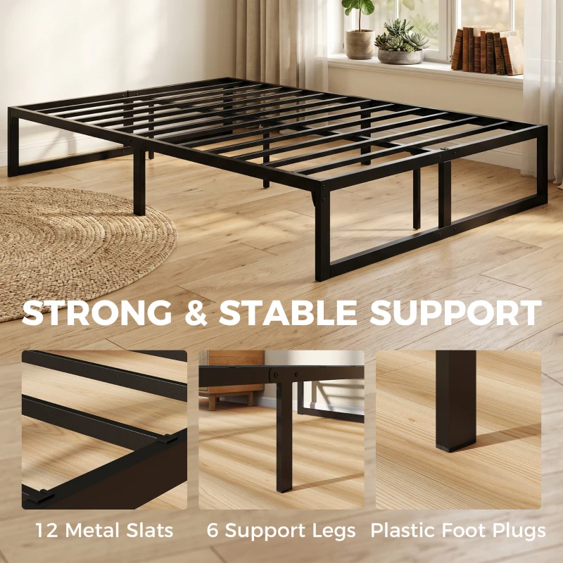 HOMCOM 4ft6 Double Bed Frame with Underbed Storage and Steel Slat Support, 32.5 cm Height, Noise-Free, Black