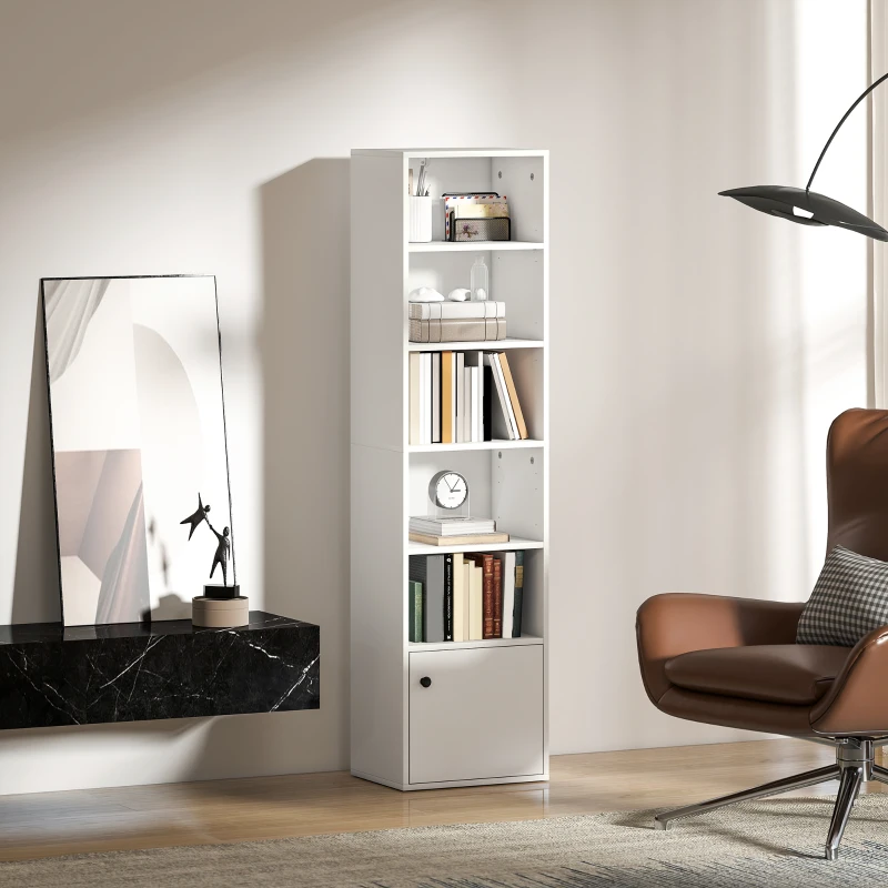 HOMCOM Bibliothèque meuble de rangement 6 niveaux avec 3 étagères réglables et placard, style moderne 40 x 30 x 156 cm blanc