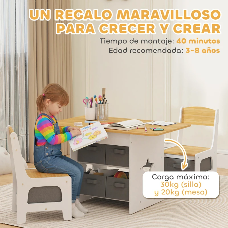 AIYAPLAY Mesa Infantil con 2 Sillas con 6 Cajones de Tela Diseño Estrellas para Niños y Niñas de 3-8 Años Natural