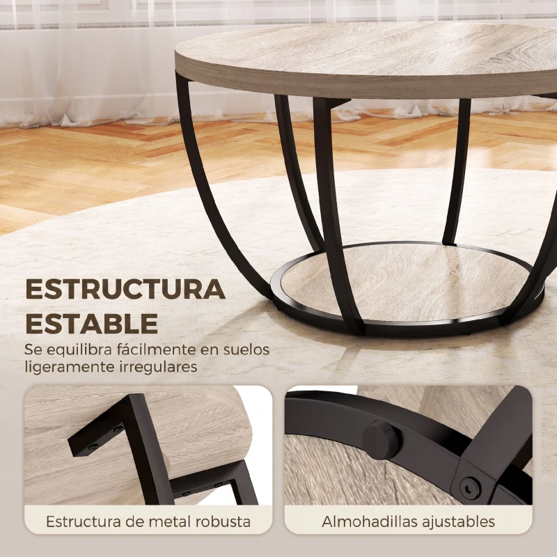 HOMCOM Mesa de Centro Mesa de Café Redonda para Salón con Estante de Almacenaje y Marco de Metal 80x80x43,8 cm Roble