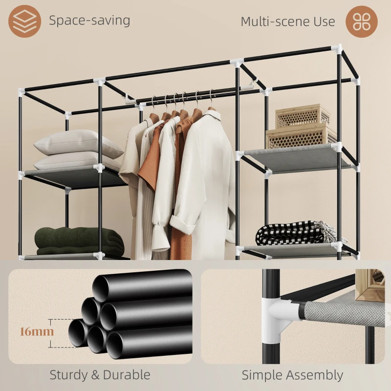 HOMCOM Clothes Storage Organiser with Hanging Rail, Shelves, Portable Wardrobe, Foldable Fabric Wardrobe, Light Grey